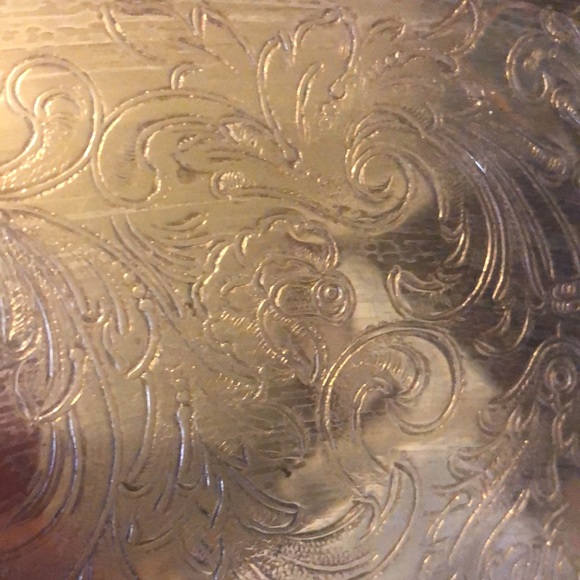 Copper under Silver plate large ornate serving tray marked Lion foot 1” pedestal - Picture 5 of 8